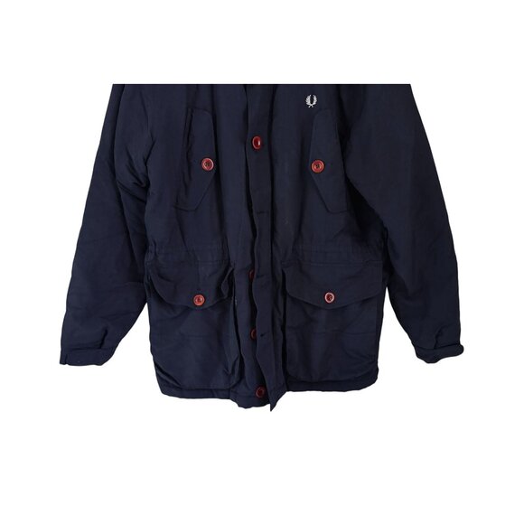 Fred Perry Mens Navy Hooded Parka Jacket With Plaid Lining & Button Details Size - Picture 3 of 9